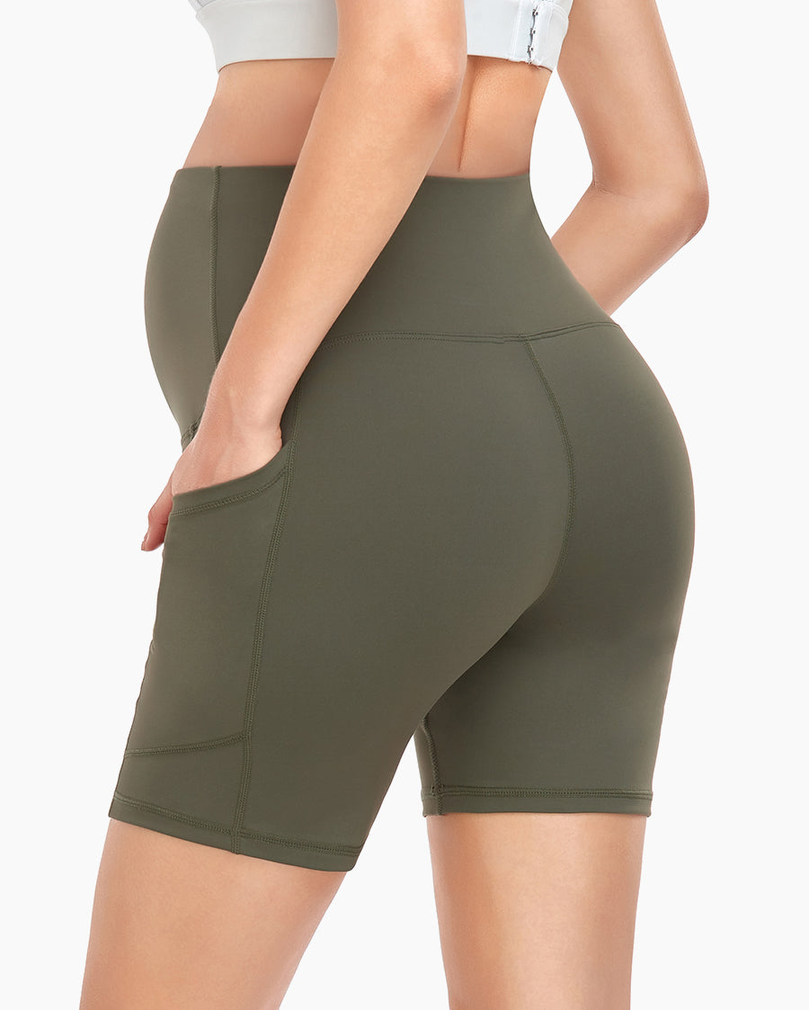 HIGHDAYS Maternity Shorts Over The Belly - 8 Women's Pregnancy Biker  Shorts for Yoga Active Workout Running Athletic, 2 Pockets, Army Green,  Small at  Women's Clothing store