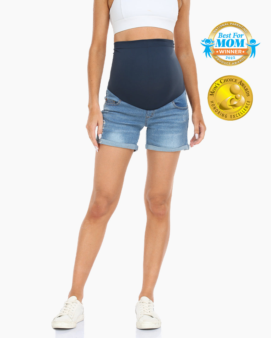 V VOCNI Maternity Denim Shorts High Waist Cotton Elastic Belly