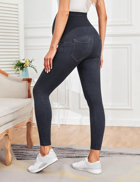 HOFISH Maternity Denim Leggings Over The Belly Seamless Comfy Pregnancy Faux Jeans Pants with Pockets