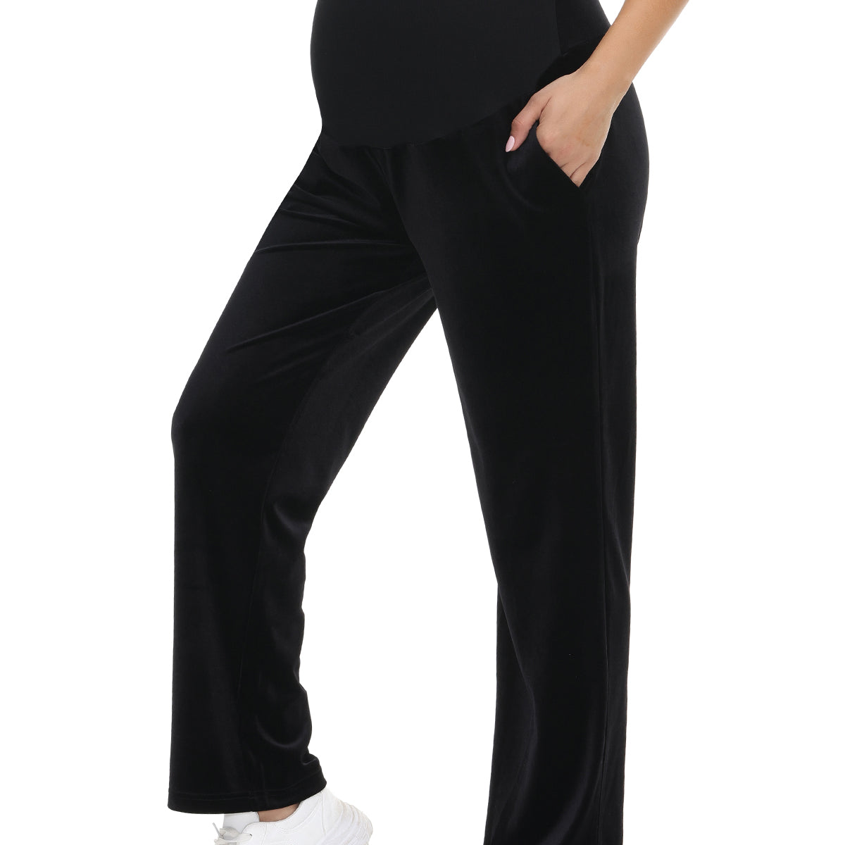 Women's Pleuche Maternity Loose Pants with Pockets Black